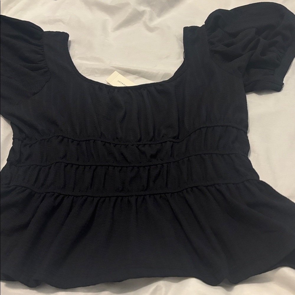 Maeve by Anthropologie Black Puff Sleeve Blouse SZ L Peplum cropped casual NWT - Picture 16 of 16